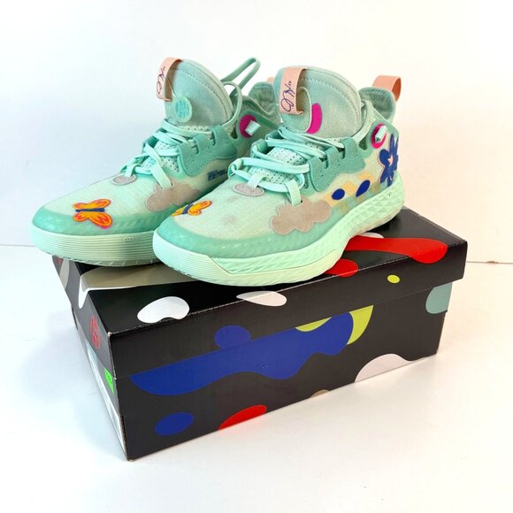 Adidas Harden Vol. 5 J Mint Green Kids Sneakers Size 4.5 Flowers Butterflies - Picture 1 of 11